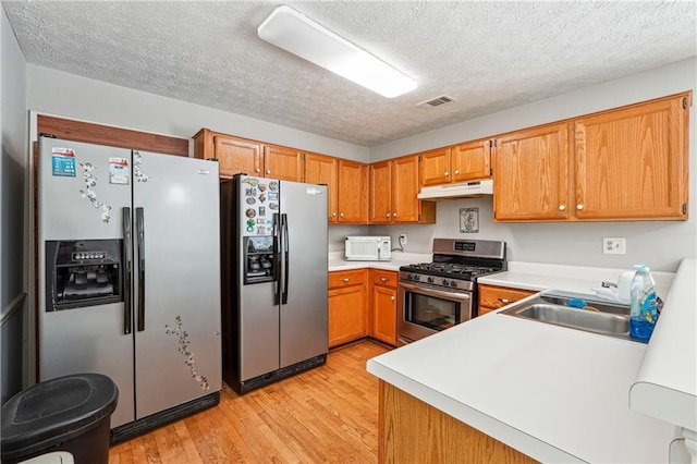 kitchen with stainless steel appliances, under cabinet range hood, light wood-style flooring, a textured ceiling, and a sink