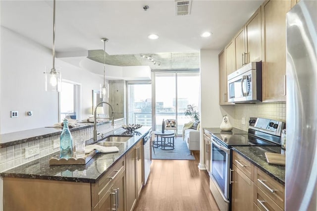 kitchen featuring visible vents, decorative backsplash, wood finished floors, stainless steel appliances, and a sink