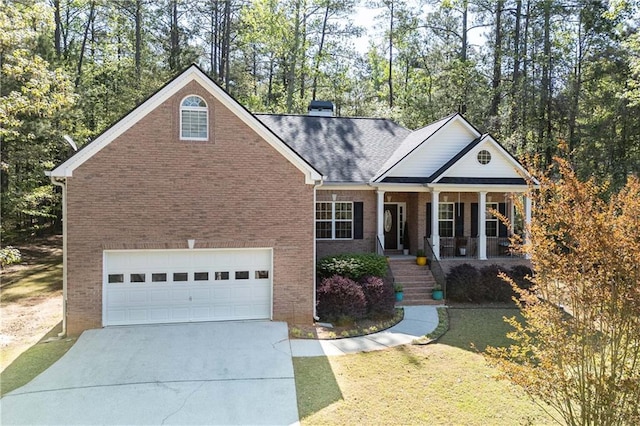 view of front facade with concrete driveway, brick siding, a porch, and a garage