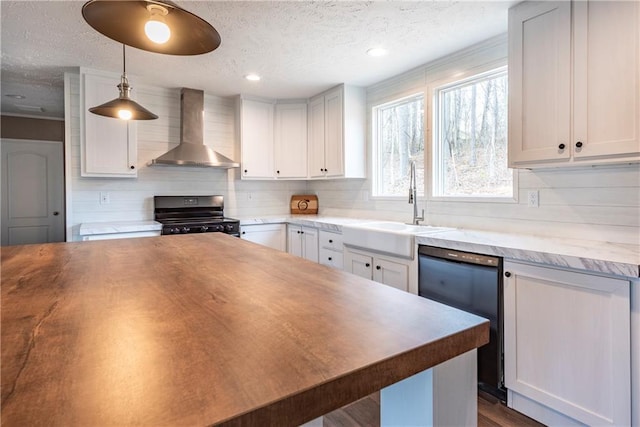 kitchen with dark wood-style floors, electric range, decorative backsplash, white cabinets, and wall chimney exhaust hood