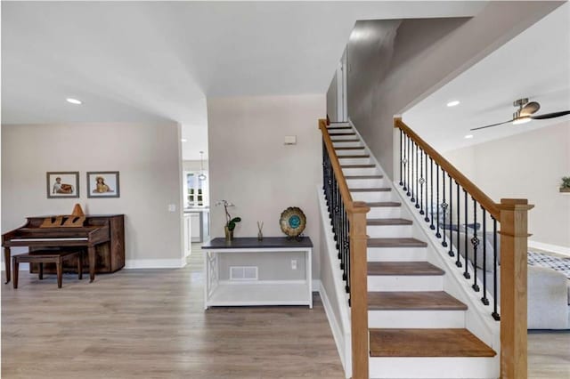 829 Verdun Way, Marietta, GA 30064 - stairs featuring baseboards, visible vents, recessed lighting, wood finished floors, and ceiling fan