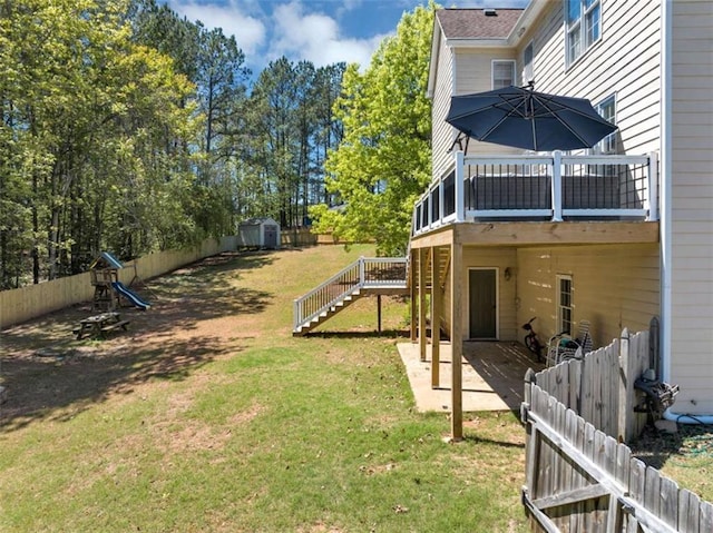 829 Verdun Way, Marietta, GA 30064 - view of yard with a patio area, a shed, a fenced backyard, an outbuilding, and stairs