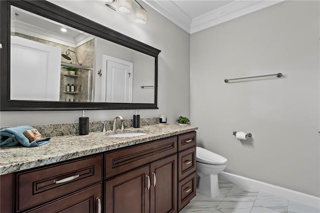 325 E Paces Ferry Rd NE Unit 703, Atlanta, GA 30305 - full bathroom with crown molding, toilet, vanity, marble look tiles, and baseboards