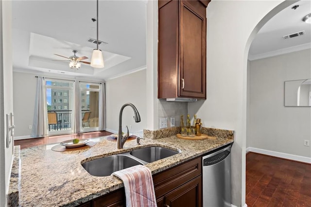 325 E Paces Ferry Rd NE Unit 703, Atlanta, GA 30305 - kitchen with dishwasher, a sink, ornamental molding, a ceiling fan, and light stone countertops
