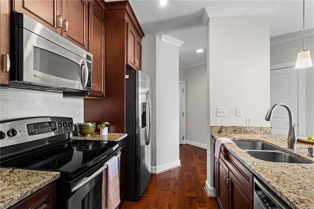 325 E Paces Ferry Rd NE Unit 703, Atlanta, GA 30305 - kitchen with appliances with stainless steel finishes, a sink, light stone countertops, tasteful backsplash, and dark wood finished floors