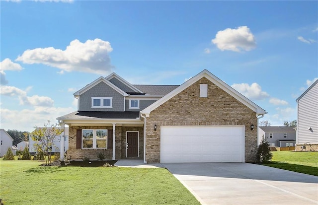 craftsman inspired home featuring a front lawn, a porch, and a garage