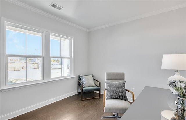 home office featuring dark wood-type flooring and ornamental molding