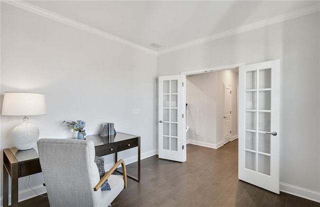 office with dark hardwood / wood-style floors, ornamental molding, and french doors