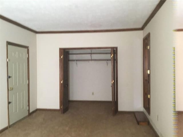 unfurnished bedroom with light colored carpet and ornamental molding