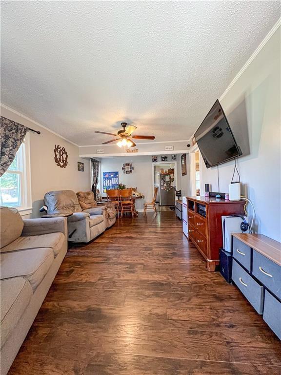 living room featuring dark hardwood / wood-style flooring, ceiling fan, ornamental molding, and a textured ceiling