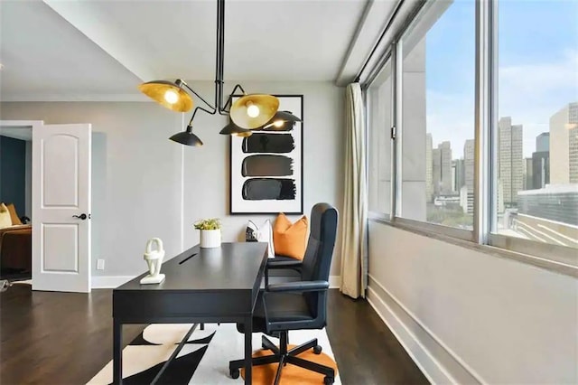 office with crown molding and hardwood / wood-style floors