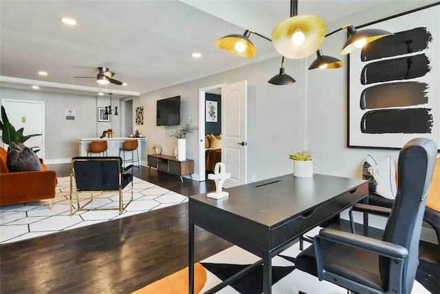 dining room with ceiling fan and hardwood / wood-style floors