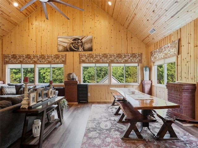 interior space with dark hardwood / wood-style floors, ceiling fan, plenty of natural light, wood ceiling, and high vaulted ceiling