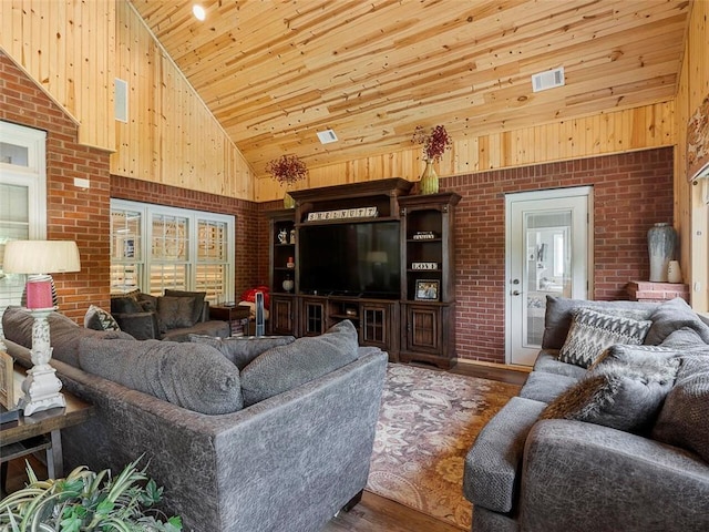 living room with wooden ceiling, high vaulted ceiling, brick wall, and dark hardwood / wood-style floors