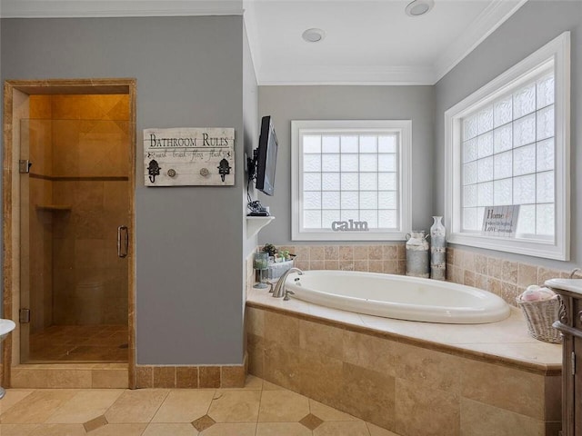 bathroom featuring shower with separate bathtub, tile floors, and crown molding