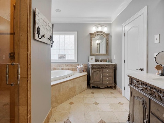 bathroom with tiled bath, crown molding, and tile flooring