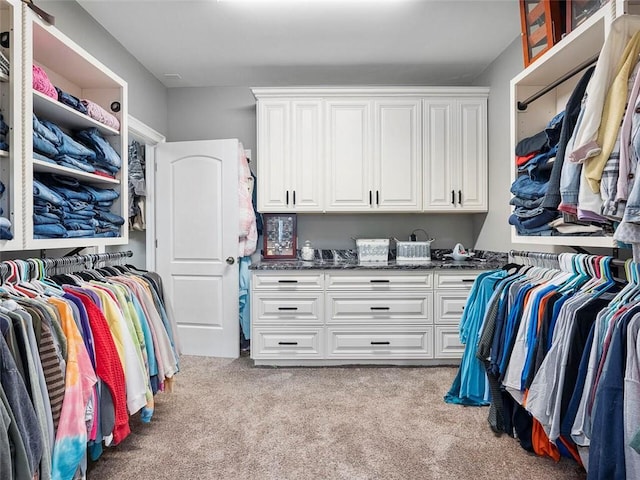 walk in closet with light colored carpet