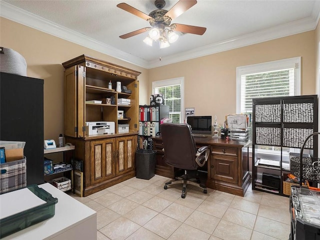 tiled home office with ceiling fan and crown molding