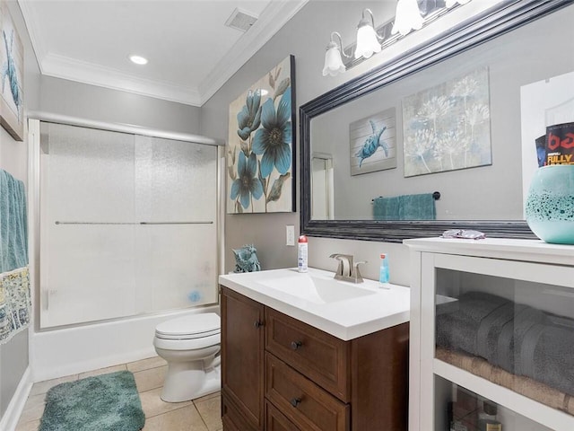 full bathroom featuring bath / shower combo with glass door, tile flooring, toilet, vanity, and ornamental molding