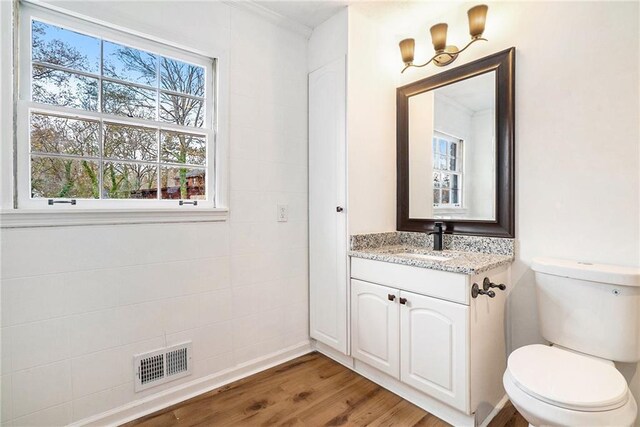 bathroom with toilet, vanity, and hardwood / wood-style flooring