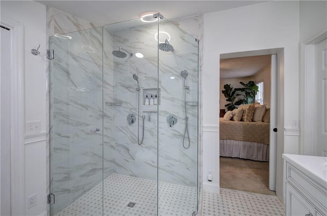 bathroom with a shower with shower door