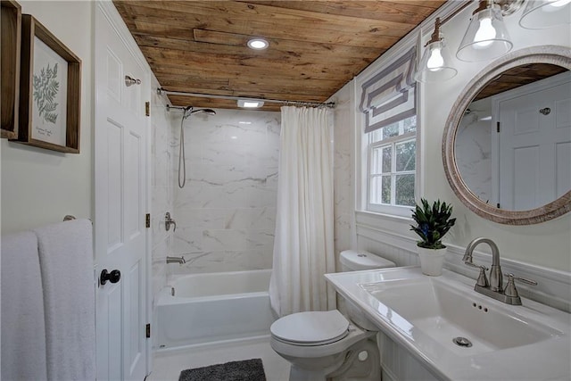 full bathroom featuring shower / bathtub combination with curtain, toilet, wood ceiling, and sink