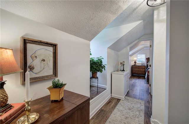 corridor featuring dark hardwood / wood-style floors, lofted ceiling, and a textured ceiling