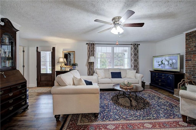 living room with wood-type flooring, a textured ceiling, and ornamental molding