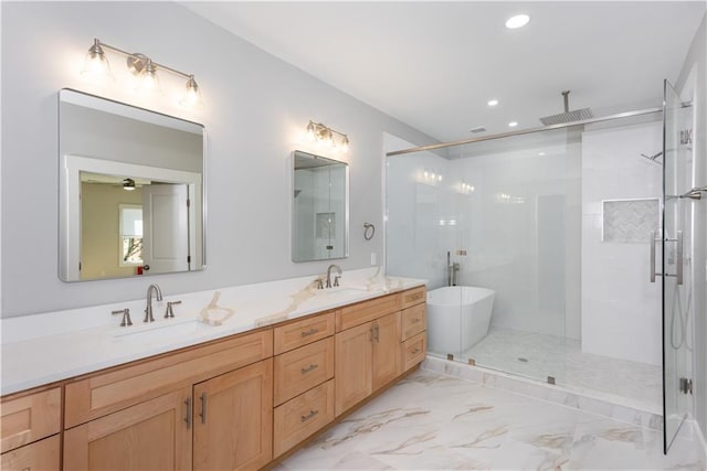 3286 Bachelor St, East Point, GA 30344 - bathroom featuring a shower stall, double vanity, a freestanding bath, recessed lighting, and marble finish floors