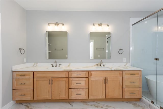 3286 Bachelor St, East Point, GA 30344 - bathroom with marble finish flooring, double vanity, a freestanding tub, and a shower stall