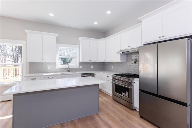 3286 Bachelor St, East Point, GA 30344 - kitchen with appliances with stainless steel finishes, under cabinet range hood, light countertops, white cabinetry, and backsplash