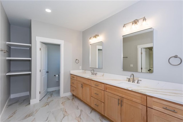 3286 Bachelor St, East Point, GA 30344 - full bath featuring double vanity, marble look tiles, and recessed lighting