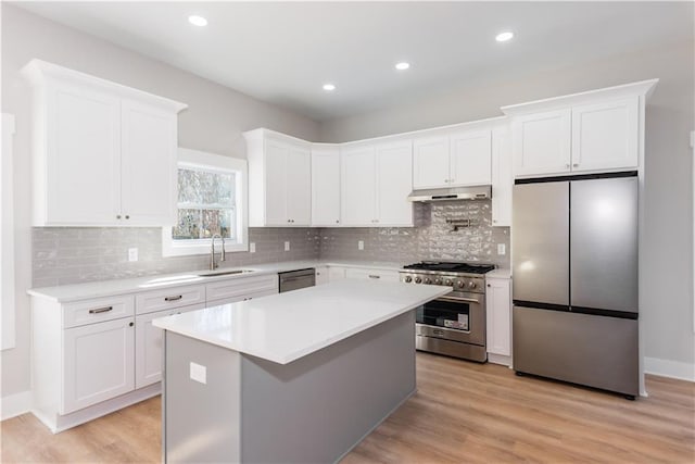 3286 Bachelor St, East Point, GA 30344 - kitchen featuring appliances with stainless steel finishes, under cabinet range hood, light countertops, white cabinets, and decorative backsplash