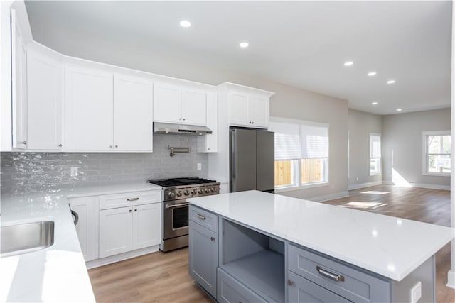 3286 Bachelor St, East Point, GA 30344 - kitchen featuring appliances with stainless steel finishes, under cabinet range hood, white cabinetry, decorative backsplash, and light wood-style floors