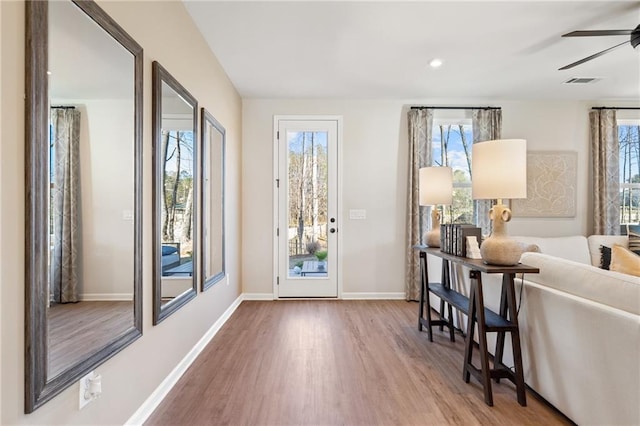 714 Smokey Quartz Way, Kennesaw, GA 30144 - doorway to outside featuring wood finished floors, ceiling fan, plenty of natural light, and baseboards