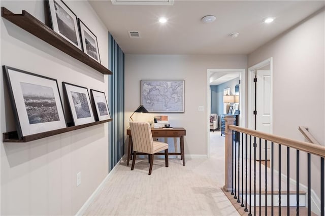 714 Smokey Quartz Way, Kennesaw, GA 30144 - hallway featuring recessed lighting, baseboards, an upstairs landing, and a desk
