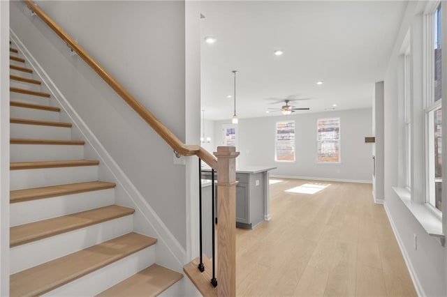 714 Smokey Quartz Way, Kennesaw, GA 30144 - stairs featuring wood finished floors, recessed lighting, a ceiling fan, and baseboards