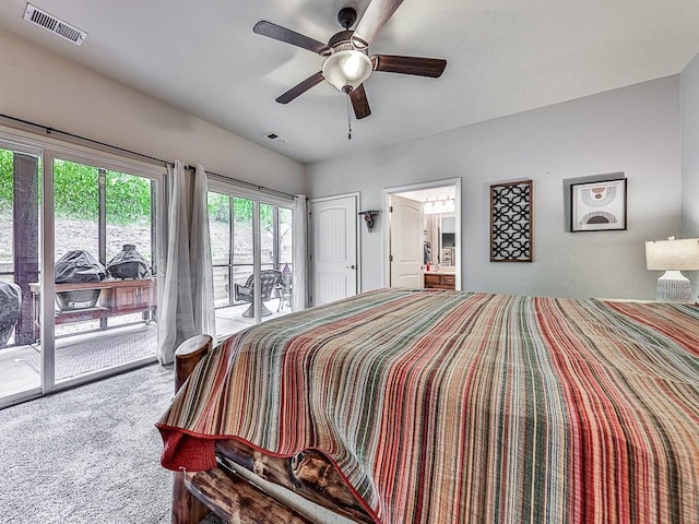 bedroom with ceiling fan, carpet flooring, ensuite bathroom, and access to exterior