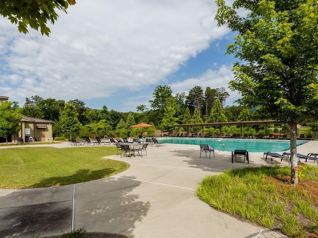 view of pool with a patio and a lawn