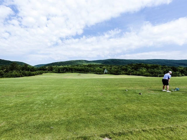 view of home's community featuring a mountain view and a lawn