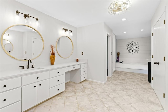 full bath featuring vanity, tile patterned floors, and recessed lighting