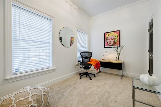 living area featuring crown molding and light colored carpet