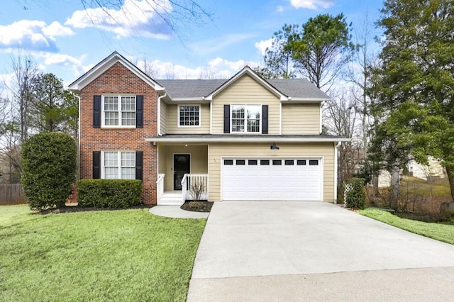 front facade featuring a garage and a front lawn