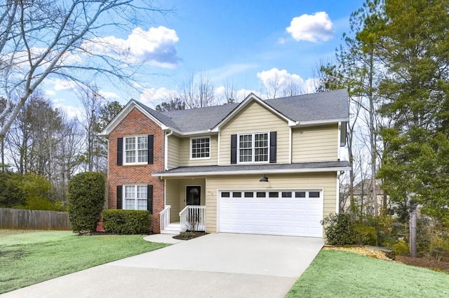 front facade with a garage and a front lawn