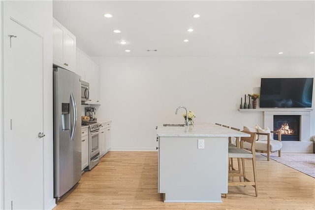 kitchen featuring a kitchen island with sink, a sink, light wood-style floors, a lit fireplace, and appliances with stainless steel finishes