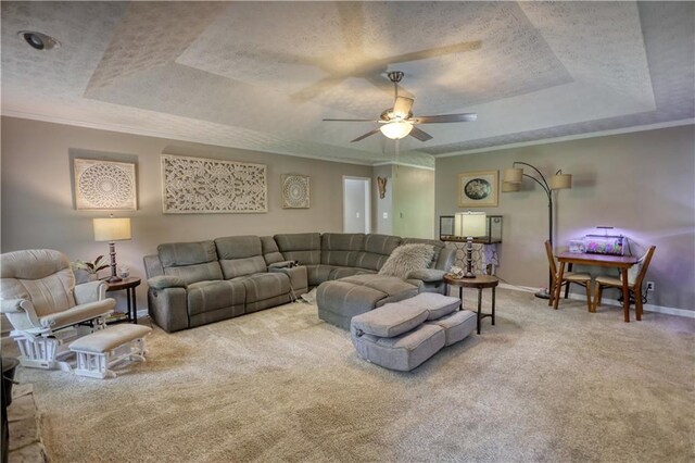 78 N Pomona Rd, Hampton, GA 30228 - living area featuring a tray ceiling, carpet, baseboards, a textured ceiling, and ornamental molding