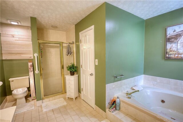 78 N Pomona Rd, Hampton, GA 30228 - bathroom with a jetted tub, a stall shower, a textured ceiling, tile patterned flooring, and toilet