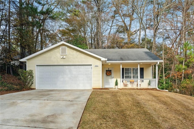 ranch-style home featuring a porch, a garage, and a front lawn