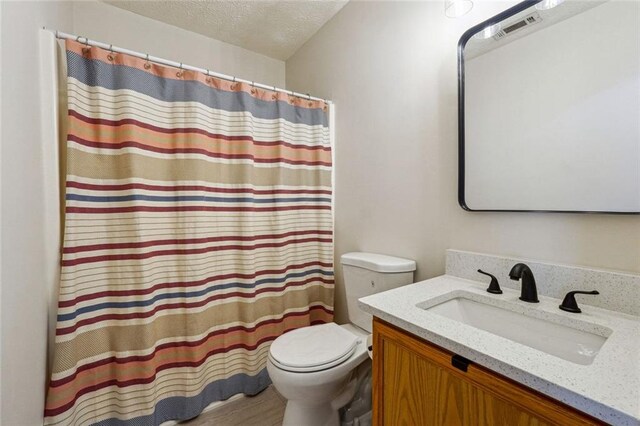 bathroom with vanity, wood-type flooring, a textured ceiling, and toilet