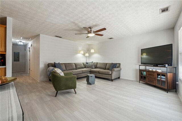 living room with ceiling fan, a textured ceiling, and electric panel